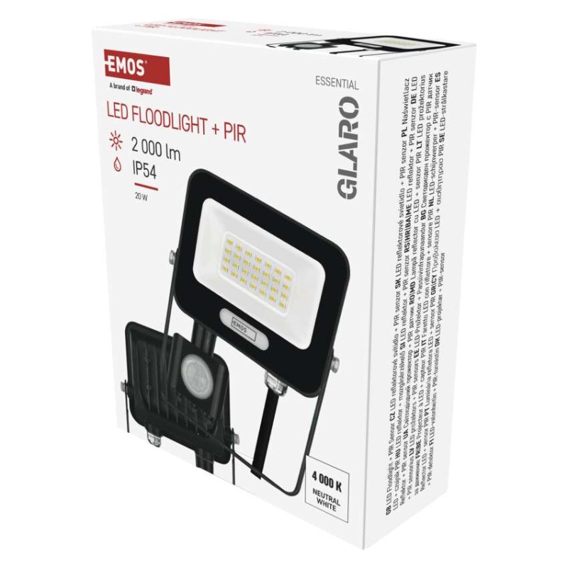 LED reflektor GLARO s pohybovým čidlem, 50 W, černý, IP54, 2000 lm, neutrální bílá