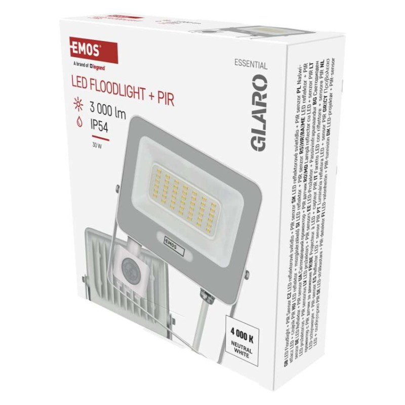 LED reflektor GLARO s pohybovým čidlem, 30 W, bílý, IP54, 3000 lm, neutrální bílá