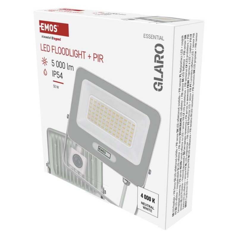 LED reflektor GLARO s pohybovým čidlem, 50 W, bílý, IP54, 5000 lm, neutrální bílá