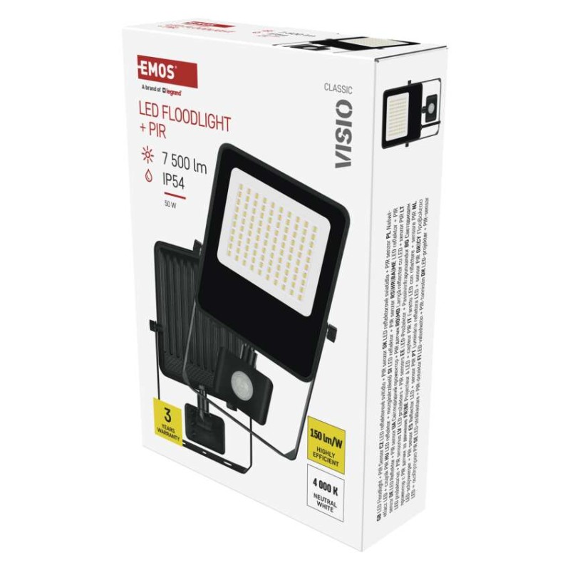 LED reflektor VISIO s pohybovým čidlem, 50 W, černý, neutrální bílá