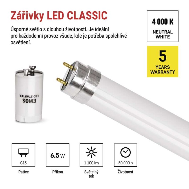 LED zářivka T8 6,5 W 60 cm neutrální bílá