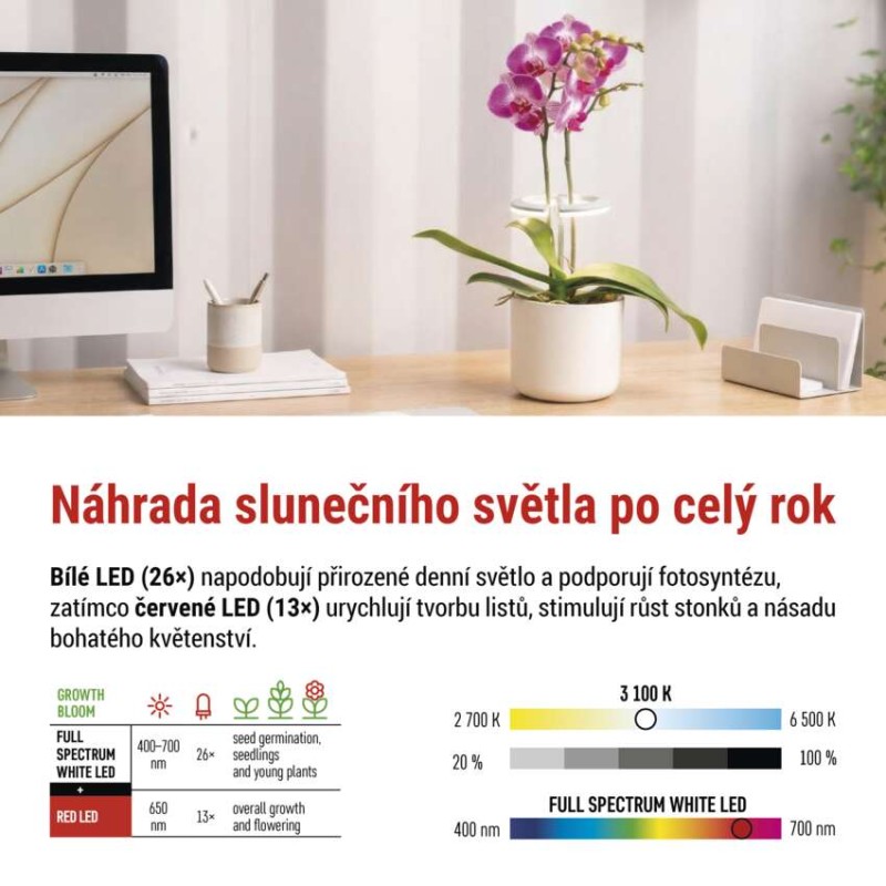 LED GROW pěstební lampa 8 W, časovač, stmívatelná, bílá