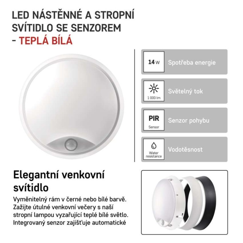 LED přisazené svítidlo ZURI s pohyb. čidl., kruhové č/b 14W t.b.