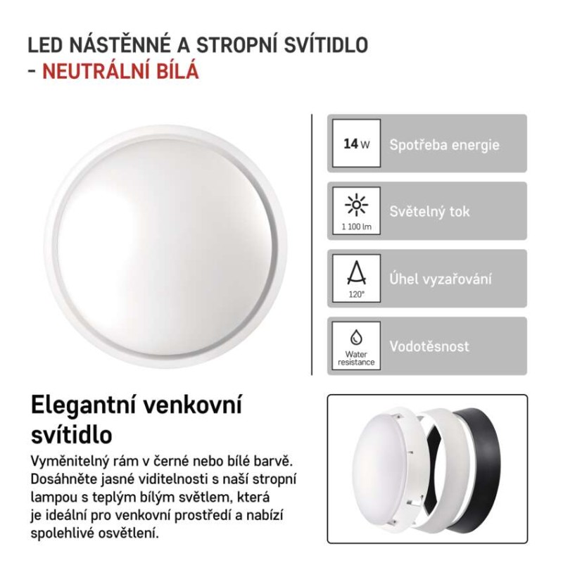 LED přisazené svítidlo ZURI, kruhové č/b 14W neutrální bílá