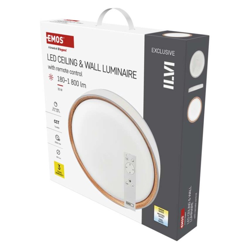 LED přisazené svítidlo ILVI, kruhové 30W, stmív. se změnou CCT, bílá+dřevo