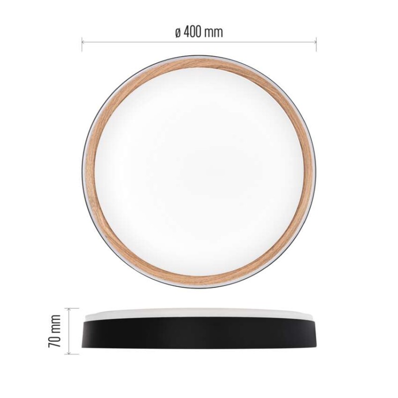 LED přisazené svítidlo ILVI, kruhové 30W, stmívání+CCT, černá+dřevo
