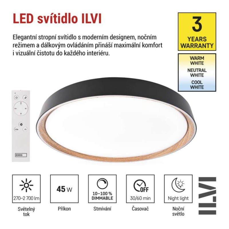 LED přisazené svítidlo ILVI, kruhové 45W, stmívání+CCT, černá+dřevo