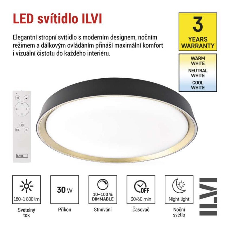 LED přisazené svítidlo ILVI, kruhové 30W, stmívání+CCT, černá+champagne
