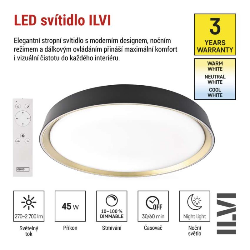 LED přisazené svítidlo ILVI, kruhové 45W, stmívání+CCT, černá+champagne