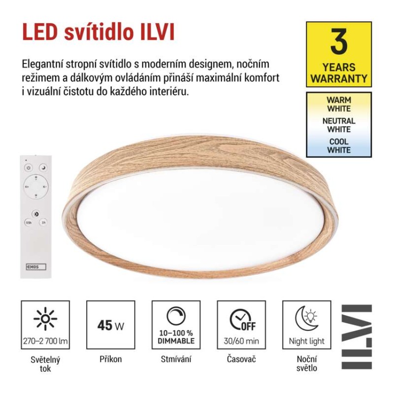 LED přisazené svítidlo ILVI, kruhové 45W, stmívání+CCT, dřevo