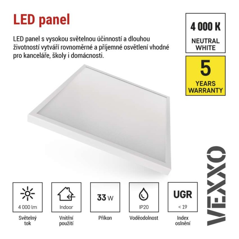 LED panel VEXXO 60×60, čtvercový přisazený bílý, 33W, neutrální bílá