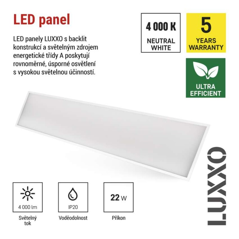 LED panel LUXXO 30×120, obdélníkový vestavný bílý, 22W, neutrální bílá