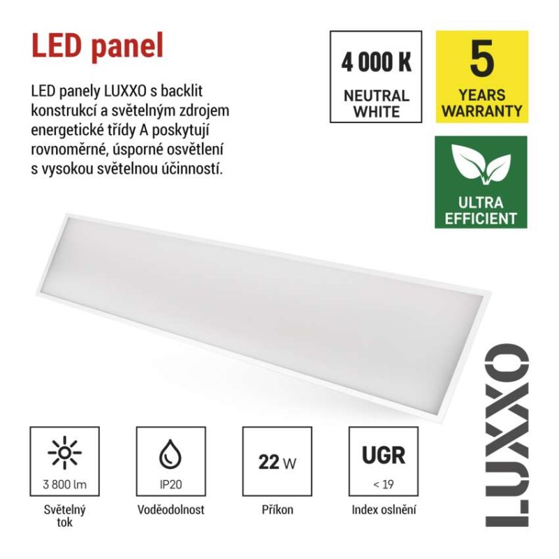 LED panel LUXXO 30×120, obdélníkový vestavný bílý, 22W, neutrální bílá UGR