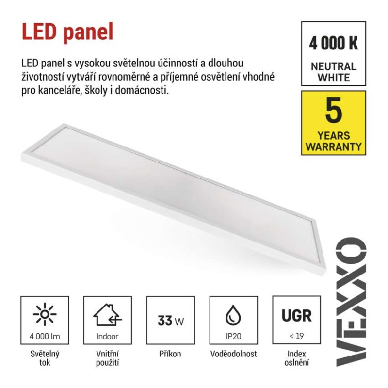 LED panel VEXXO 30×120, obdélníkový vestavný bílý, 33W, neutrální bílá