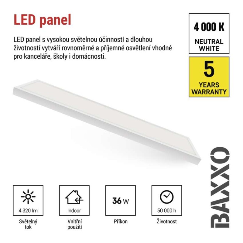 LED panel BAXXO 30×120, obdélníkový přisazený bílý, 36W, neutrální bílá