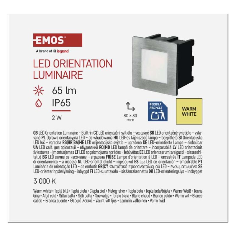 LED orientační vestavné svítidlo AMAL 80×80, 1,5W teplá bílá,IP65
