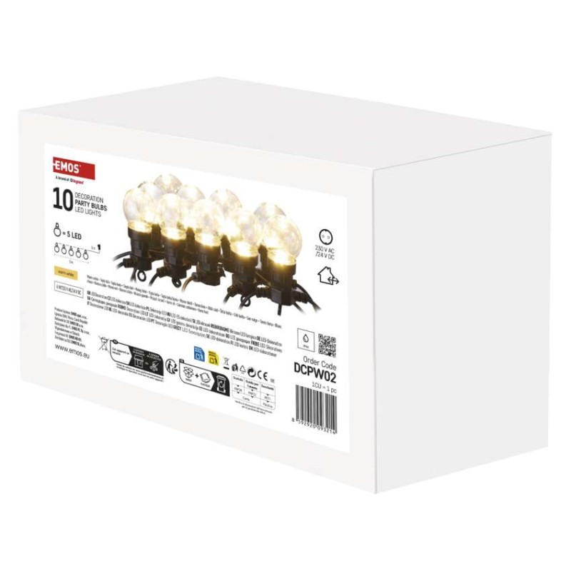 LED světelný řetěz – 10x párty žárovky čiré, 5 m, venkovní i vnitřní, teplá bílá