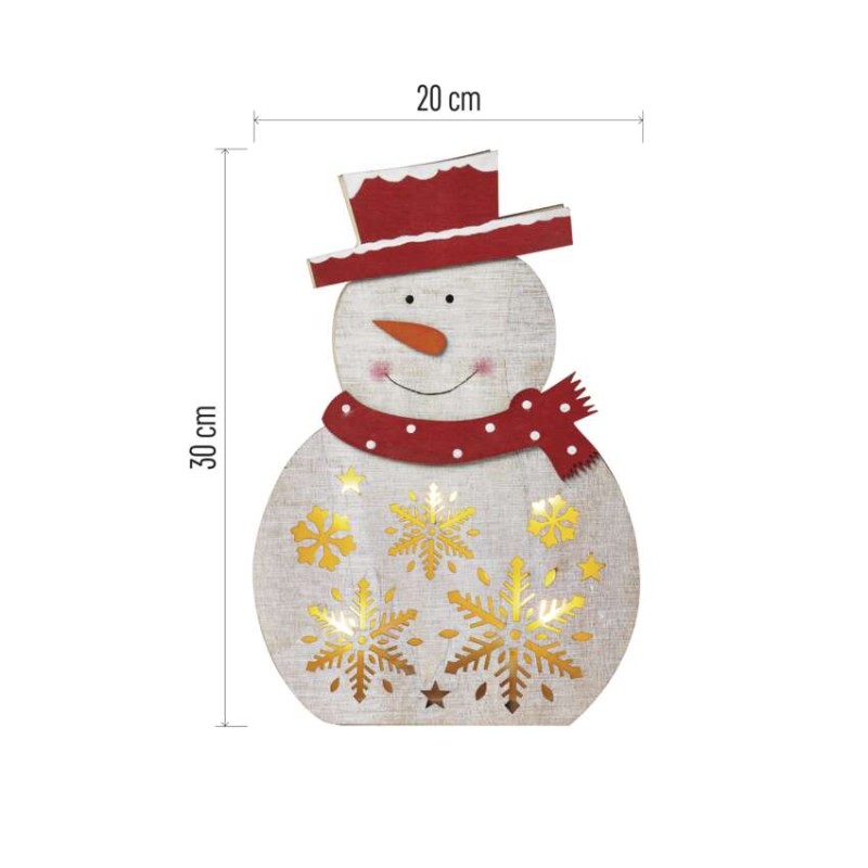 LED vánoční sněhulák dřevěný, 30 cm, 2x AA, vnitřní, teplá bílá, časovač