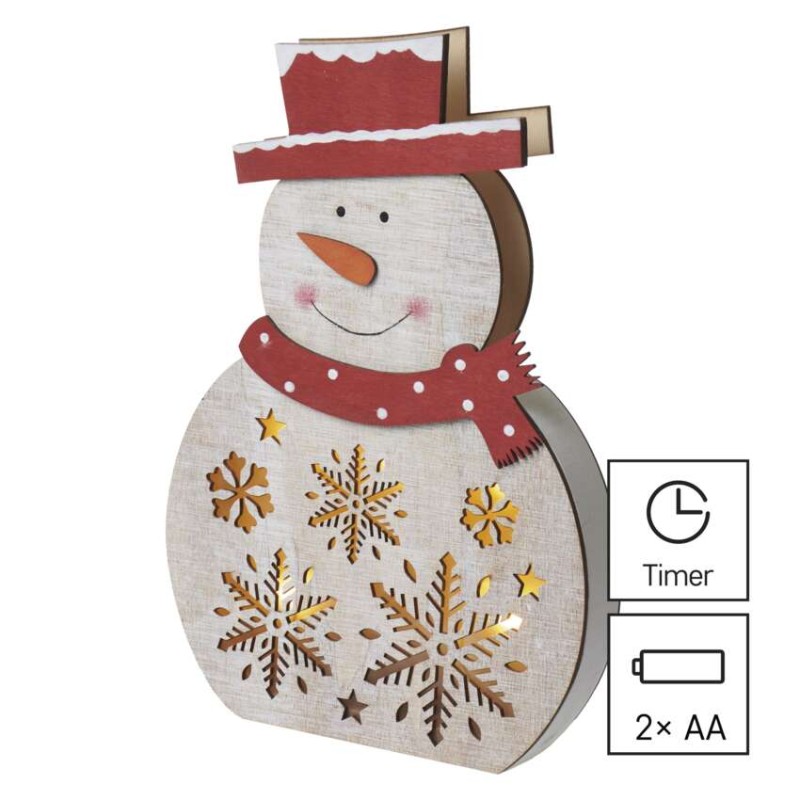 LED vánoční sněhulák dřevěný, 30 cm, 2x AA, vnitřní, teplá bílá, časovač