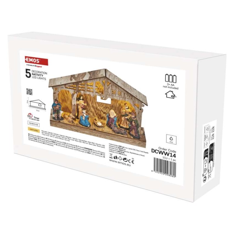 LED vánoční betlém dřevěný, 19 cm, 3x AA, vnitřní, teplá bílá, časovač