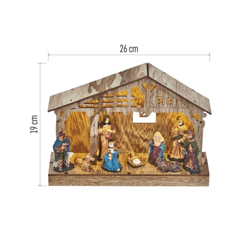LED vánoční betlém dřevěný, 19 cm, 3x AA, vnitřní, teplá bílá, časovač