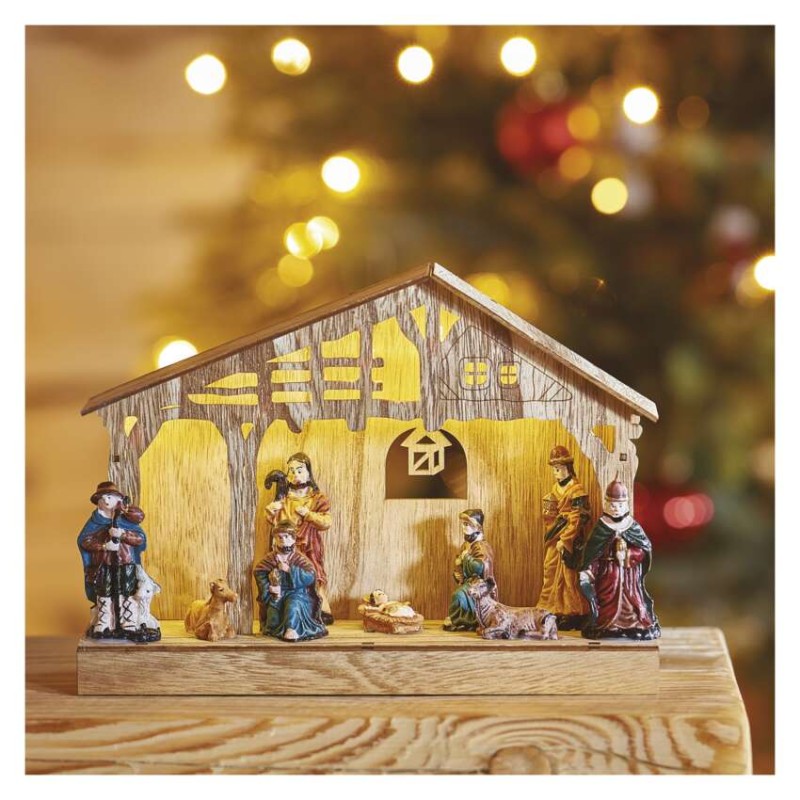 LED vánoční betlém dřevěný, 19 cm, 3x AA, vnitřní, teplá bílá, časovač