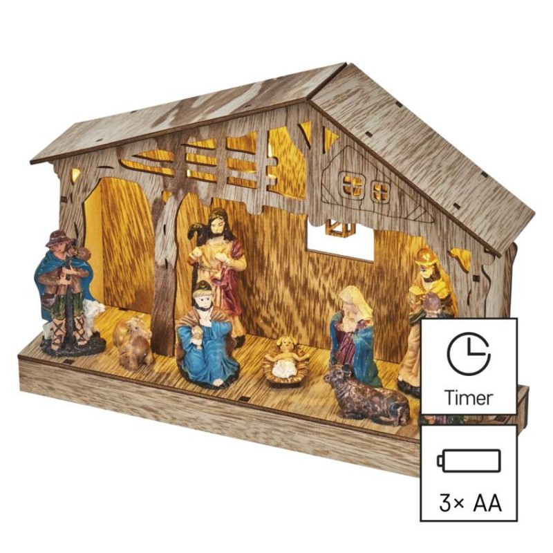 LED vánoční betlém dřevěný, 19 cm, 3x AA, vnitřní, teplá bílá, časovač