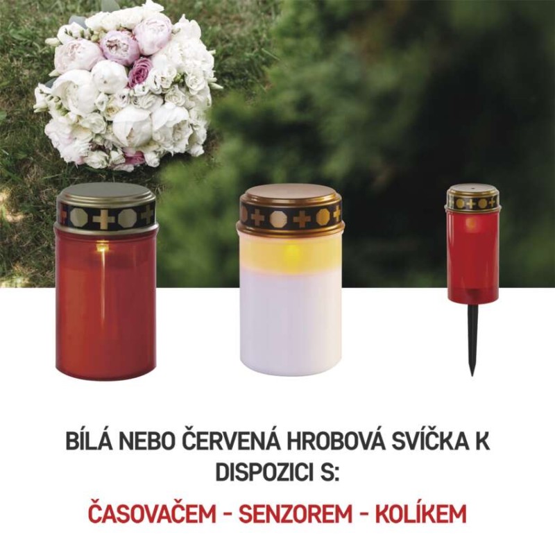 LED hřbitovní svíčka červená, 2x C, venkovní i vnitřní, teplá bílá, senzor