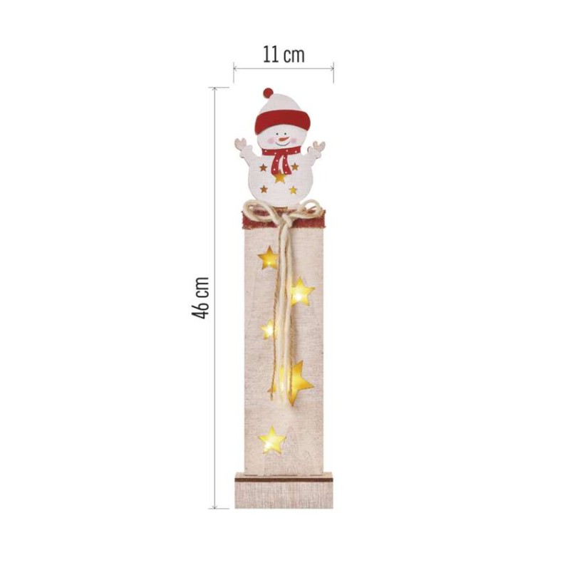 LED dekorace dřevěná – sněhulák, 46 cm, 2x AA, vnitřní, teplá bílá, časovač