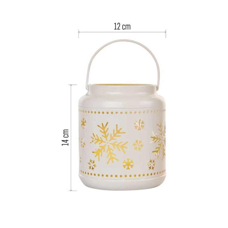 LED dekorace – lucerna s vločkami kovová bílá, 14 cm, 3x AAA, vnitřní, vintage
