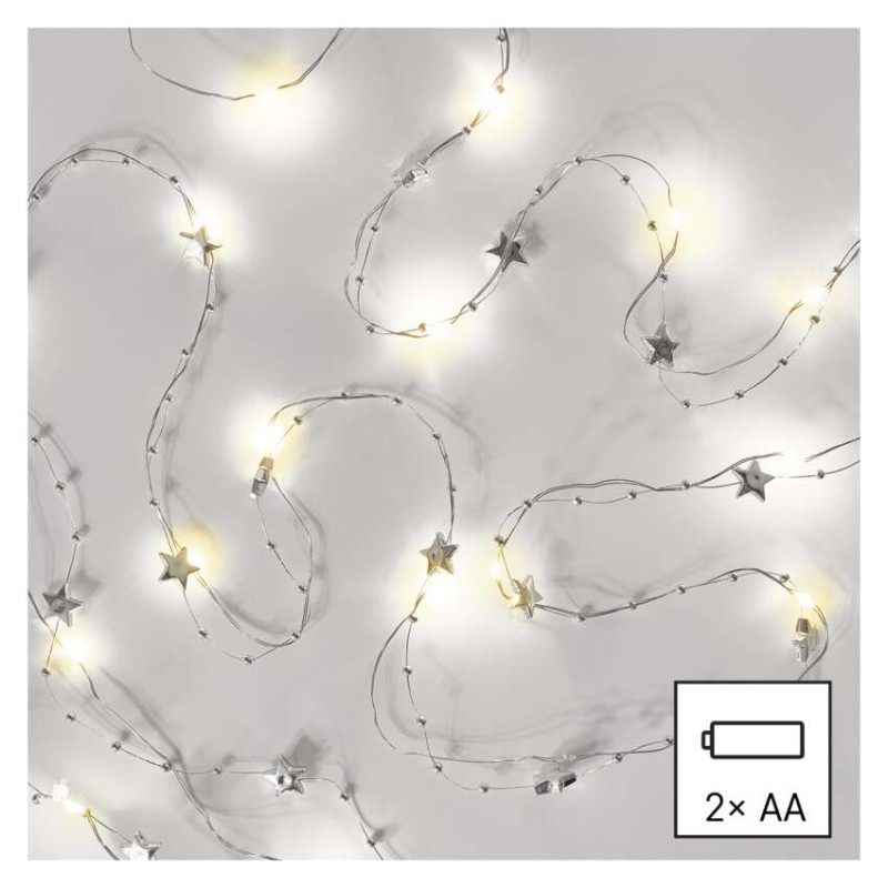LED vánoční řetěz stříbrný – hvězdičky, 1,9 m, 2x AA, vnitřní, teplá bílá, časovač
