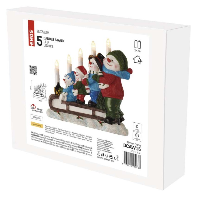 LED svícen – sněhuláci na saních, 24 cm, 2x AA, vnitřní, teplá bílá, časovač