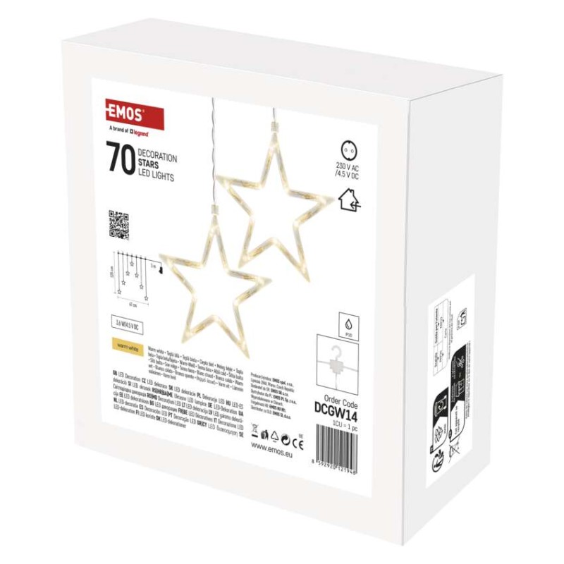 LED vánoční závěs – 7 hvězd, 67x125 cm, vnitřní, teplá bílá