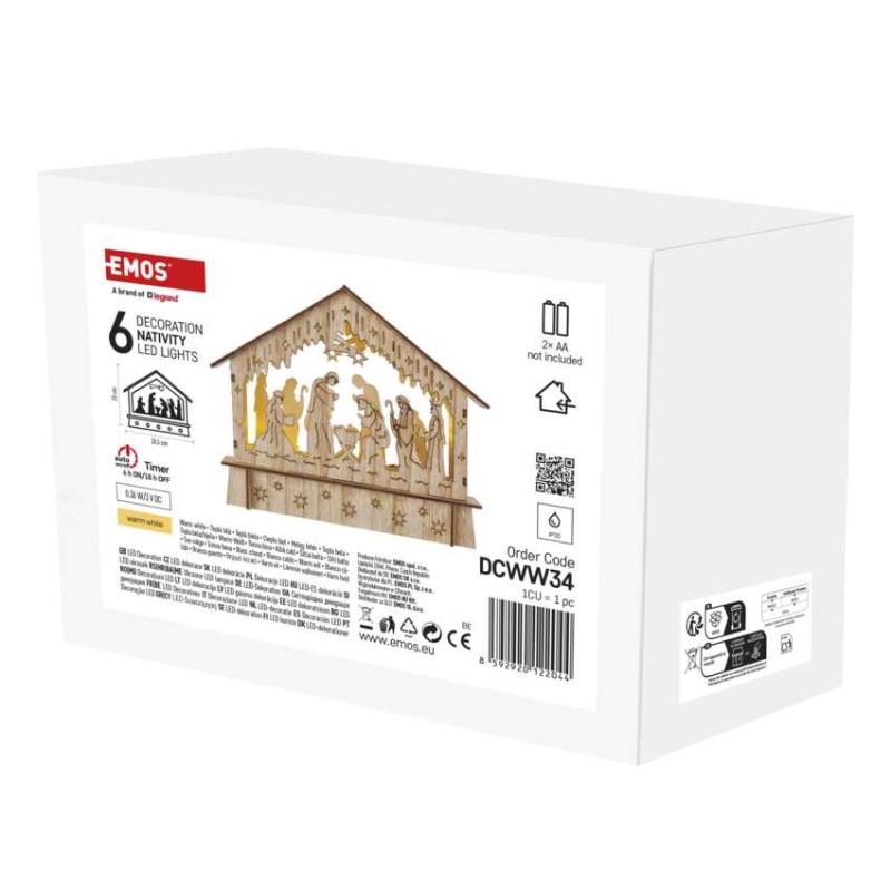 LED vánoční betlém dřevěný, 15 cm, 2x AA, vnitřní, teplá bílá, časovač