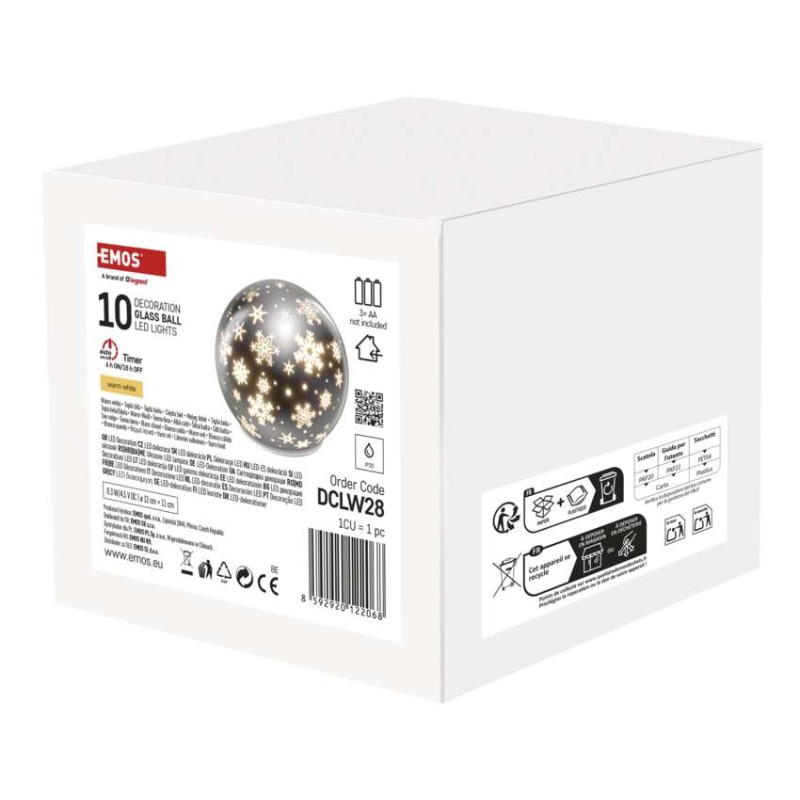 LED vánoční skleněná koule – vločky, 12 cm, 3x AA, vnitřní, teplá bílá, časovač