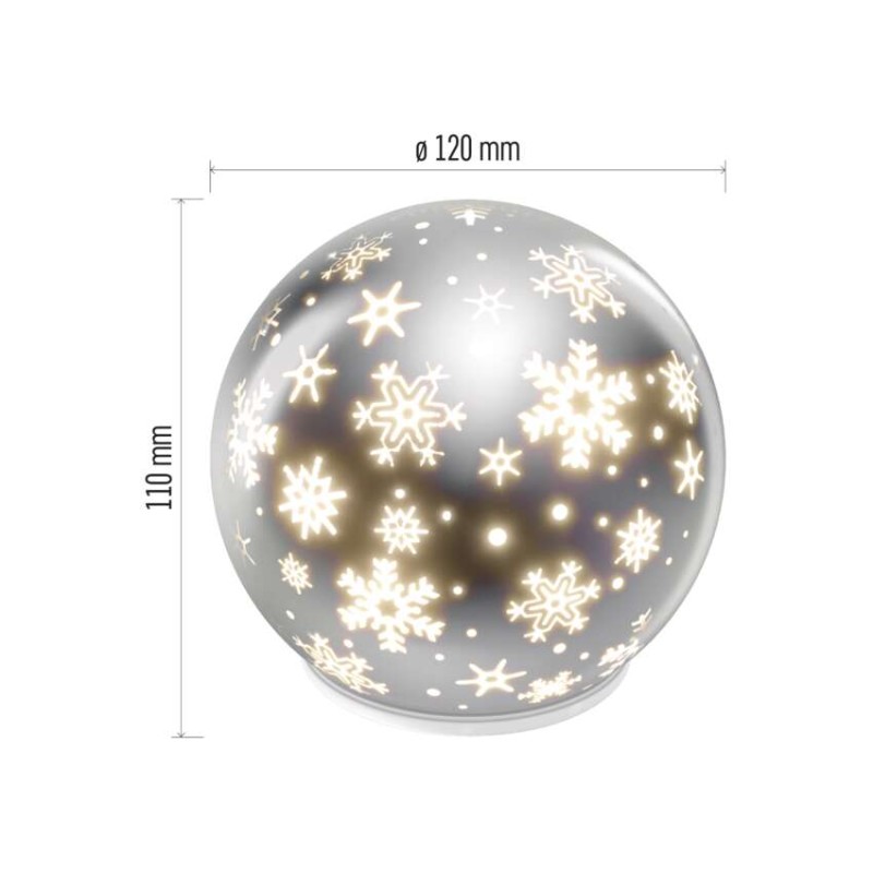 LED vánoční skleněná koule – vločky, 12 cm, 3x AA, vnitřní, teplá bílá, časovač