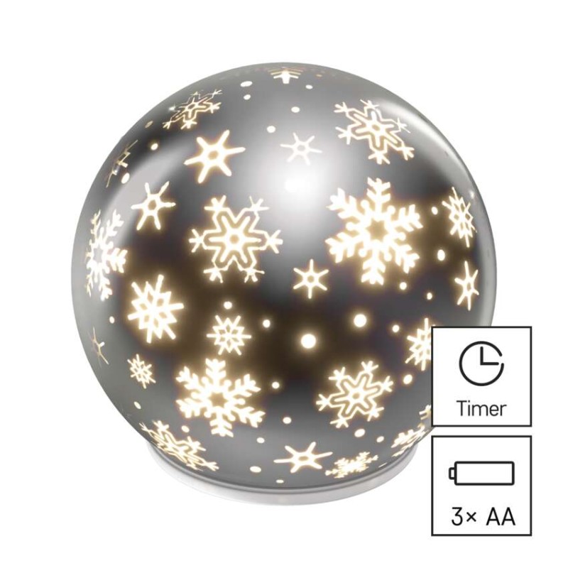 LED vánoční skleněná koule – vločky, 12 cm, 3x AA, vnitřní, teplá bílá, časovač