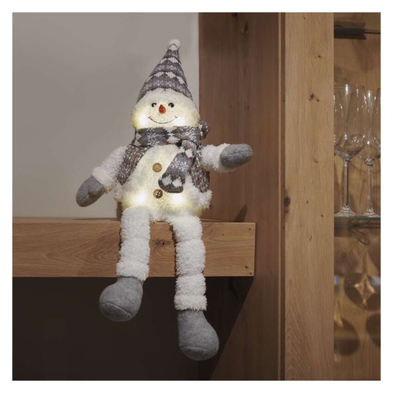 LED vánoční sněhulák sedící, 31 cm, 3x AA, vnitřní, teplá bílá