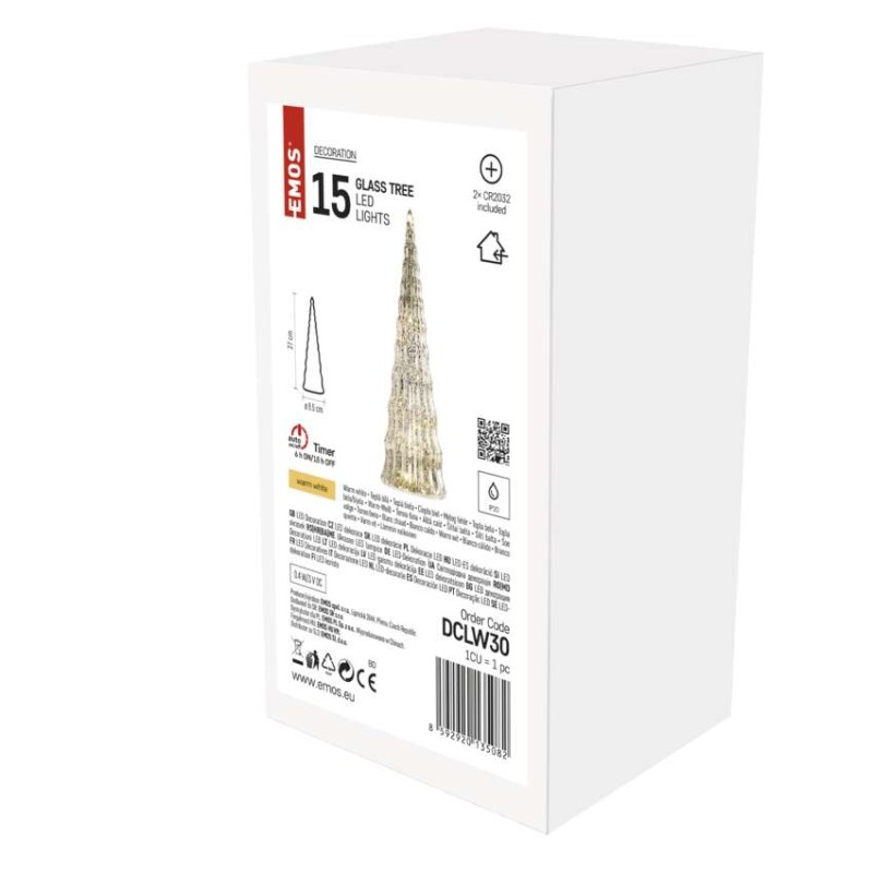 LED vánoční skleněný stromek, 27 cm, 2x CR2032, vnitřní, teplá bílá, časovač