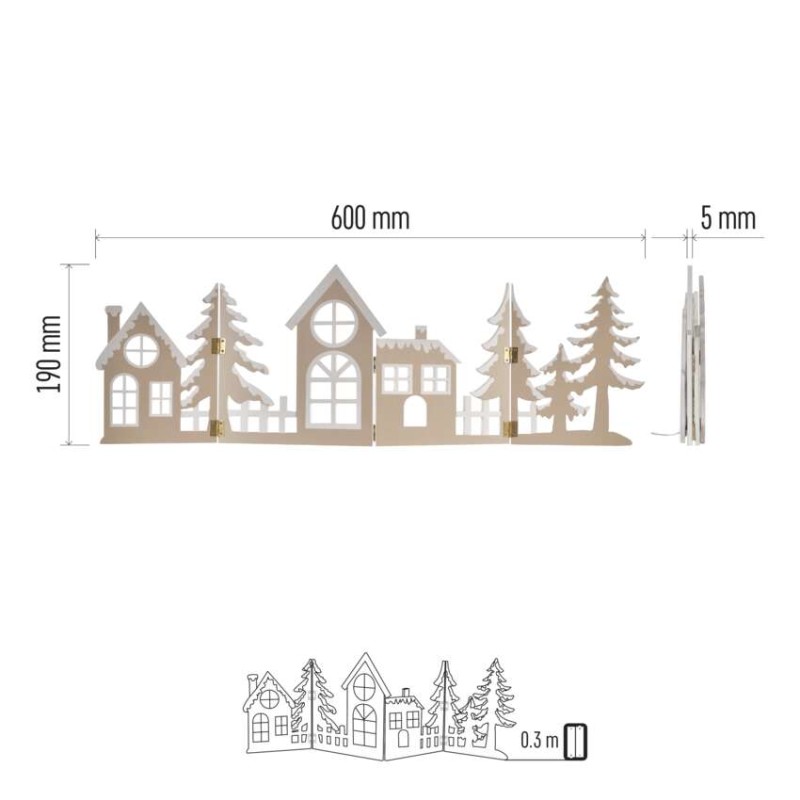 LED dekorace dřevěná - vesnička, 60 cm, 2x AA, teplá bílá, časovač