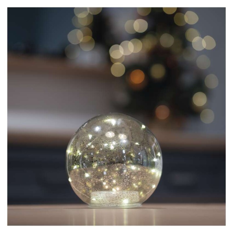 LED vánoční skleněná koule – zlatá, 15 cm, 3x AA, vnitřní, teplá bílá, časovač