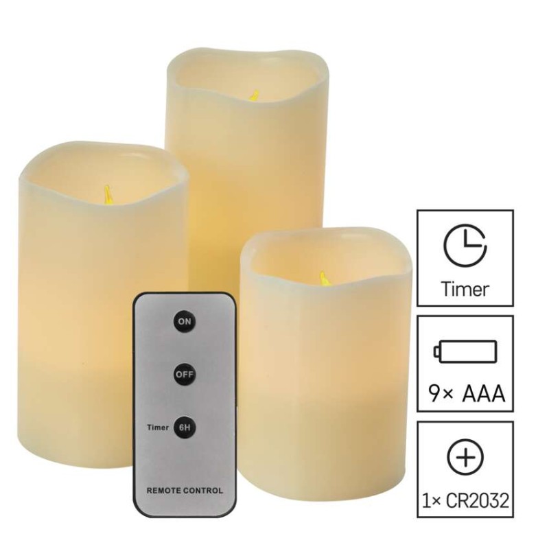 LED dekorace – vosková svíčka, různé velikosti, 3x AAA, vnitřní, vintage, 3 ks, ovladač