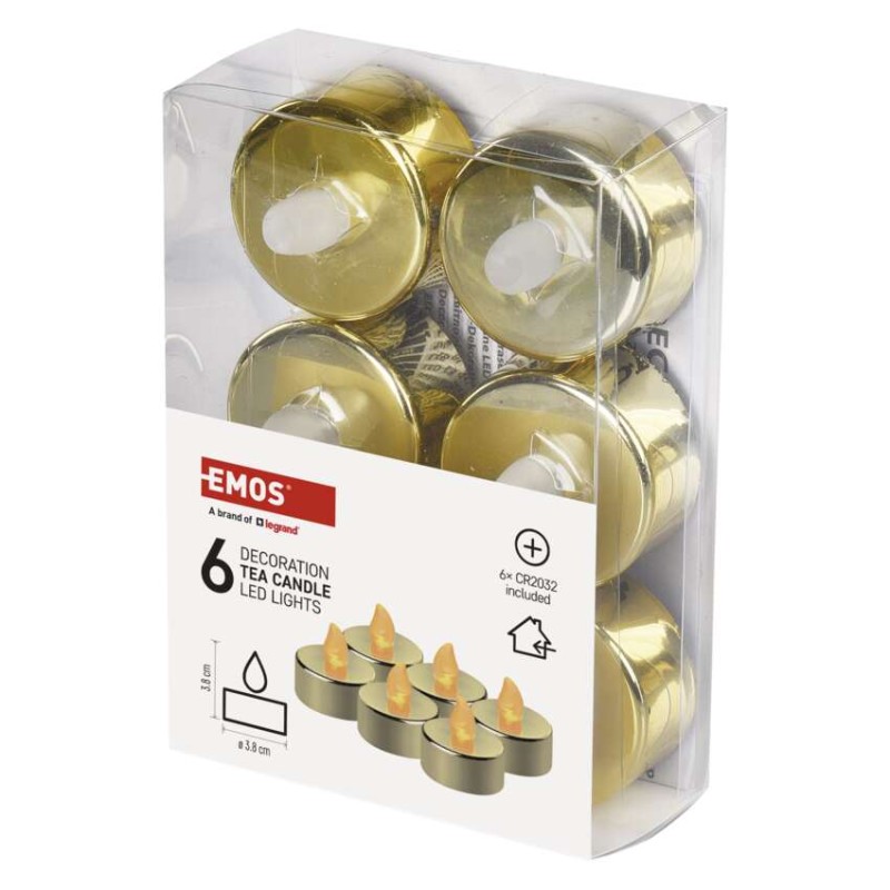 LED dekorace – čajová svíčka zlatá, CR2032, vnitřní, vintage, 6 ks