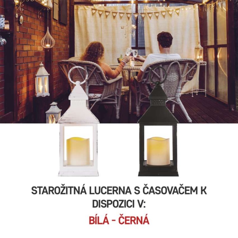 LED dekorace – lucerna antik bílá blikající, 3x AAA, vnitřní, vintage, časovač