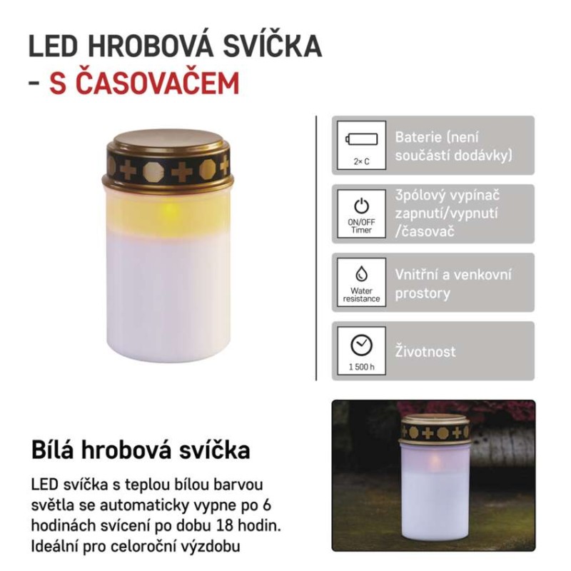 LED hřbitovní svíčka, 12,5 cm, 2x C, venkovní i vnitřní, vintage, časovač