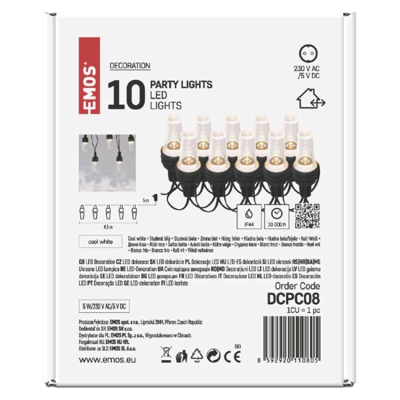 LED světelný řetěz – 10x párty žárovky, 4,5 m, venkovní i vnitřní, studená bílá