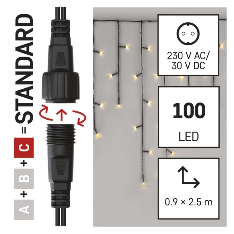 Standard LED spojovací vánoční řetěz – rampouchy, 2,5 m, venkovní, teplá bílá