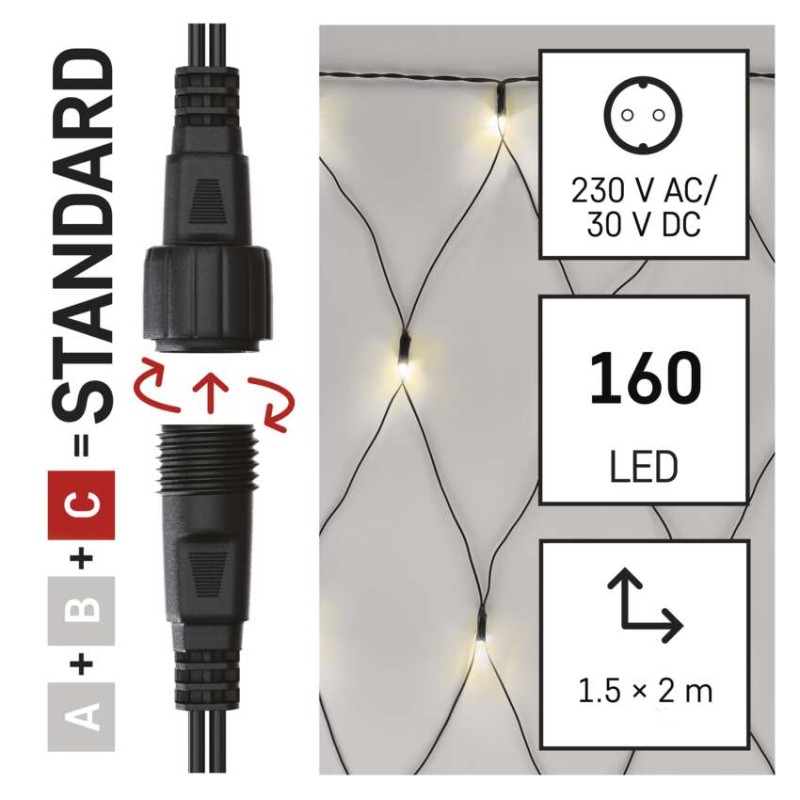Standard LED spojovací vánoční řetěz – síť, 1,5x2 m, venkovní, teplá bílá