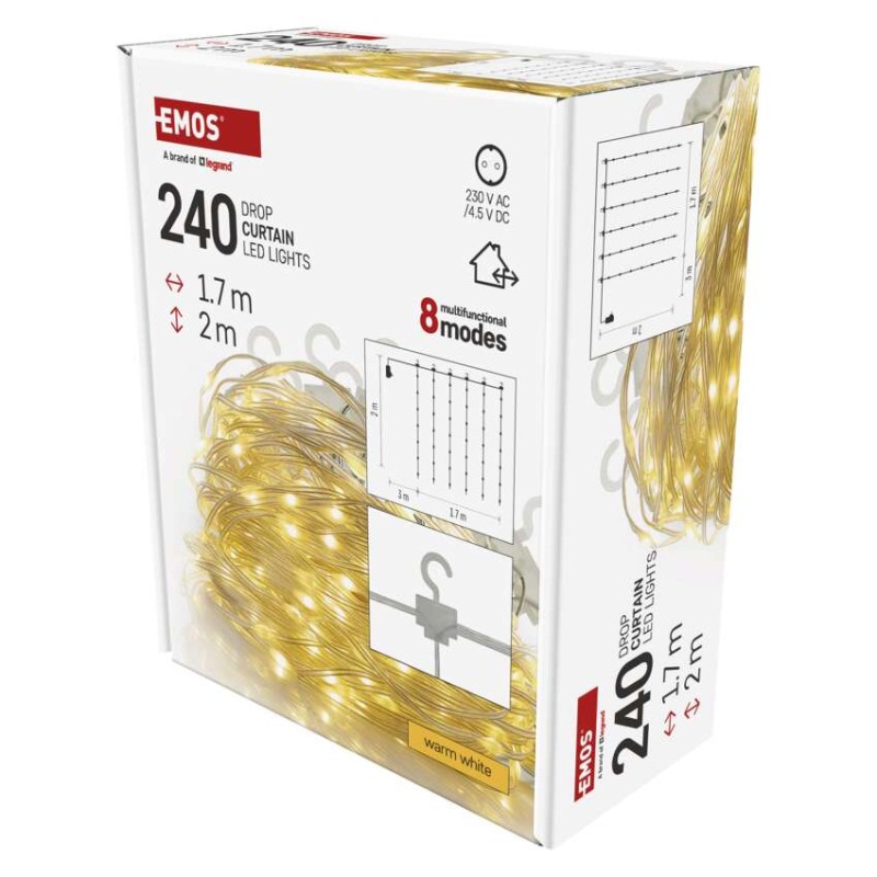 LED vánoční drop řetěz – záclona, 1,7x2 m, venkovní i vnitřní, teplá bílá, programy