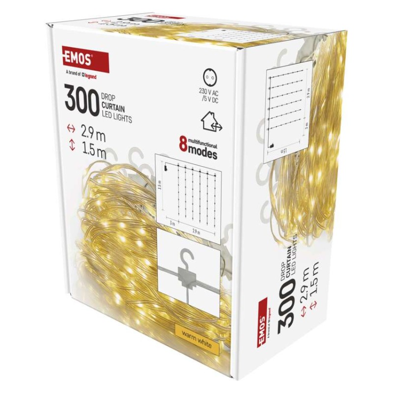 LED vánoční drop řetěz – záclona, 2,9x1,5 m, venkovní i vnitřní, teplá bílá, programy